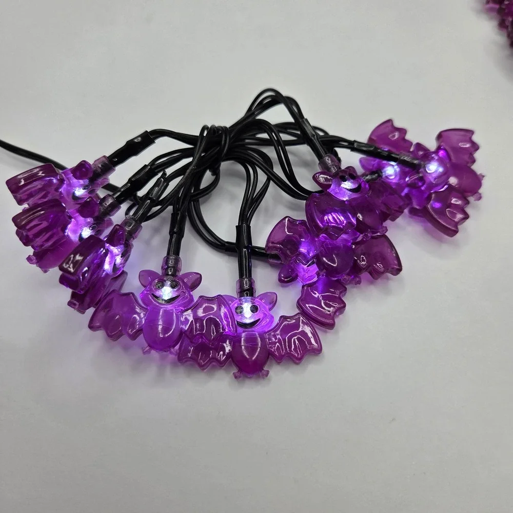 Halloween Bat String Lights Purple LED Battery Operated 2 Pack Set Spooky Decor